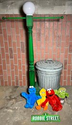 Handcrafted Sesame Street Photo Shoot Setup Accessories - Lamp Post With Attached Garbage Pail And Plush Dolls