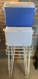 Rubbermaid Coolers With Metal Stands - 2 Coolers & 3 Stands