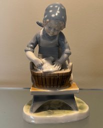 Kunstporzellan Figurine Of Girl Washing Clothes-made In Ilmenau, East Germany C. 1972-1980s