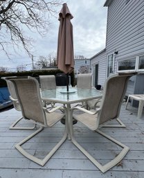 Outdoor Aluminum Frame Glass Top Table With 6 Meshback Chairs And 8FT Umbrella With Cast Iron Umbrella Stand