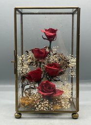 Vintage Brass & Glass Box With Faux Floral Decor