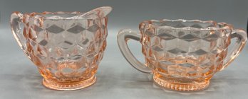 Jeanette Glass Co. Cubist Pattern Glass Sugar Bowl And Creamer Set - 2 Pieces Total