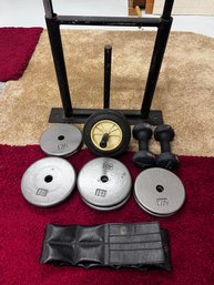 Assorted Free Weights, Dumbbells, Ab Wheel, Ankle Weights, And Free Weight Sleigh Rack - 13 Pieces