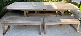 Rockwood Outdoor Teak Table With 2 Barlowe Tyrie Teak Benches - 3 Piece Set With Built In Leafs