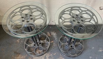 Movie Reel Style Metal Glass-top End Tables - 2 Total