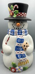 Enesco 2003 Mary Engelbreit Hand Painted Ceramic Let It Snow Snowman Cookie Jar - Box Included