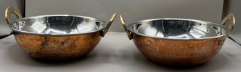 Hammered Stainless Steel  On Copper Bowl Set With Brass Handles - 2 Total