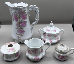 Porcelain Floral Chocolate Pot, Creamer & Sugar Bowls- 5 Piece Set