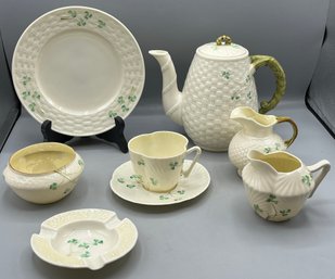 Belleek Porcelain Shamrock Pattern Tea Set - 28 Pieces Total - Made In Ireland