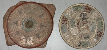 Hand Painted Terracotta Mayan Pattern Wall Decor - Made In Mexico - 2 Total