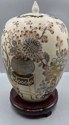 H.F.P Hand Painted Asian Inspired Lidded Porcelain Vase With Wooden Stand - Made In Macau