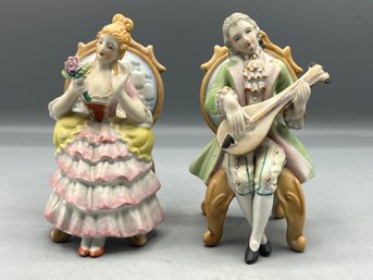 Vintage Andrea Hand Painted Bisque Porcelain Victorian Figurines - 2 Total - Made In Occupied Japan
