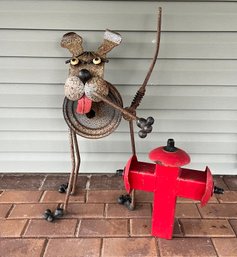 Decorative Metal Dog With Fire Hydrant Lawn Decor