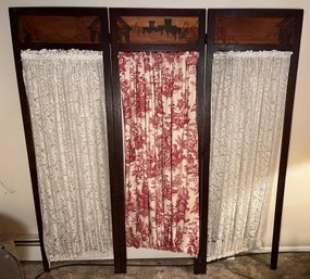 Vintage Hand Carved Wooden Wall Screen With Fabric Cover