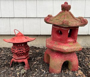 Outdoor Cement & Cast Iron Pagodas - 2 Total