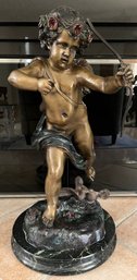 Original Houdon Solid Bronze Cupid Statue With Marble Base