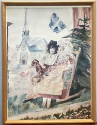Signed Watercolor Print Of Two Girls In Front Of Scottish Church