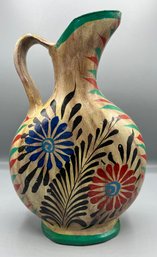 Decorative Hand Painted Pottery Pitcher - Made In Mexico