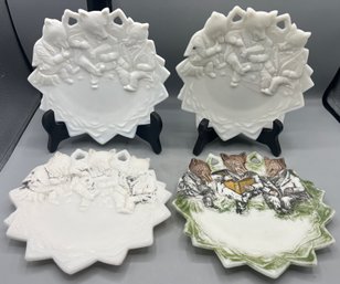 Vintage Milk Glass Fox Pattern Plate Set - 4 Total