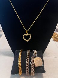 Gold Tone Jewlery Lot- Heart Necklace & 3 Bracelets