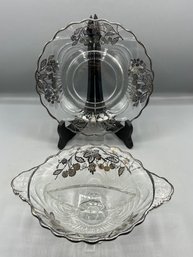 Silver Inlaid Floral Pattern Sectional Bowl And Plate Set - 2 Pieces Total