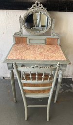 Solid Wood Marble-top Vanity With 2 Drawers And Attached Mirror With Chair Included  - NEEDS TLC