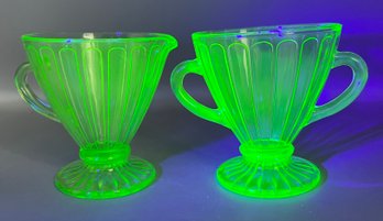 Hazel Atlas Co. Uranium Glass Ribbon Pattern Sugar Bowl & Creamer Set - 2 Pieces Total