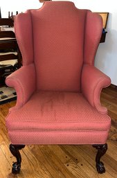 Custom Upholstered Wing Back Chair With Wooden Griffin Style Legs