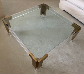 Vintage Glass Top Coffee Table With Lucite And Gold Finish Metal Base