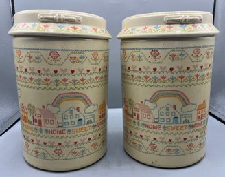 Enesco 1982 Home Sweet Home Pattern Ceramic Canister Set - 2 Total - Made In Japan