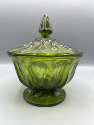 Green Depression Glass Thumbprint Lidded Candy Bowl