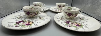 Vintage Porcelain Floral Pattern Scalloped Tea Cup & Saucer Set - 4 Sets Total