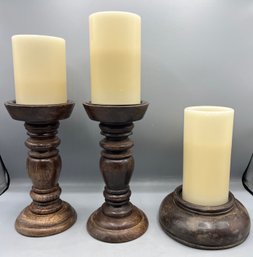 Decorative Wooden Votive Holder Set With Battery Operated Faux Candles - 3 Total