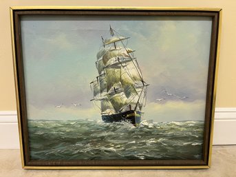 Original Oil On Canvas Art Framed - Ship On The High Seas