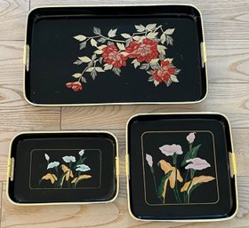 Otagiri Lacquerware Floral Pattern Trays - 3 Total