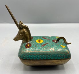 Vintage Brass Enamel Unicorn Trinket Box - Made In India