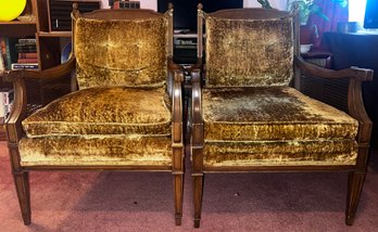 Vintage Velvet Gold Chartruese Chairs With Canning- Pair