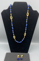 Gold-tone Blue Beaded Costume Jewelry Necklace With Matching Earring Set