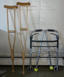 Pro-basics Aluminum Folding Walker With Wooden Crutch Set  - 3 Pieces Total