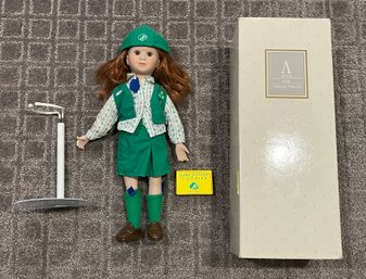Avon Tender Memories Bisque Porcelain Girl Scout Doll With Stand - Box Included