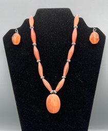 Coral Colored Stone Necklace With Matching Earring Set