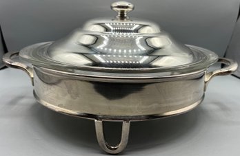 Silver Plated Lidded Serving Bowl With Handles & Pyrex Glass Insert