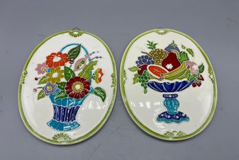 Hand Painted Floral Pattern Ceramic Wall Decor - 2 Total - Made In Italy