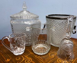Lot Of Icebuckets, Crystal Bell, And Glass Canisters- 5 Pieces