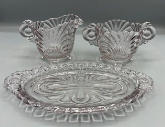 Cambridge Glass Co. Caprice Pattern Sugar Bowl And Creamer Set With Tray - 3 Pieces Total