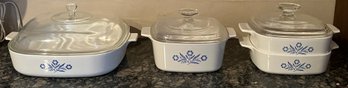 Corning Ware Blue Corn Flower Casserole Pots - 4 Total - 3 Lids Included