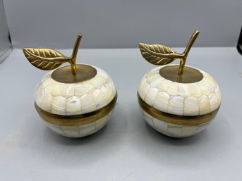 Decorative Brass & Mother Of Pearl Apple Shaped Storage/trinket Box - 2 Total