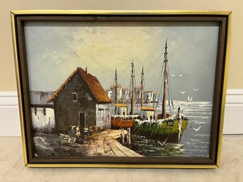 Original Oil On Canvas Art Framed - Artist Signed W. Jones - Ship Docks