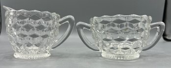 Jeanette Glass Co. Cubist Pattern Clear Glass Sugar Bowl And Creamer Set - 2 Pieces Total