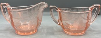 Vintage Pink Depression Etched Glass Sugar Bowl And Creamer Set - 2 Pieces Total